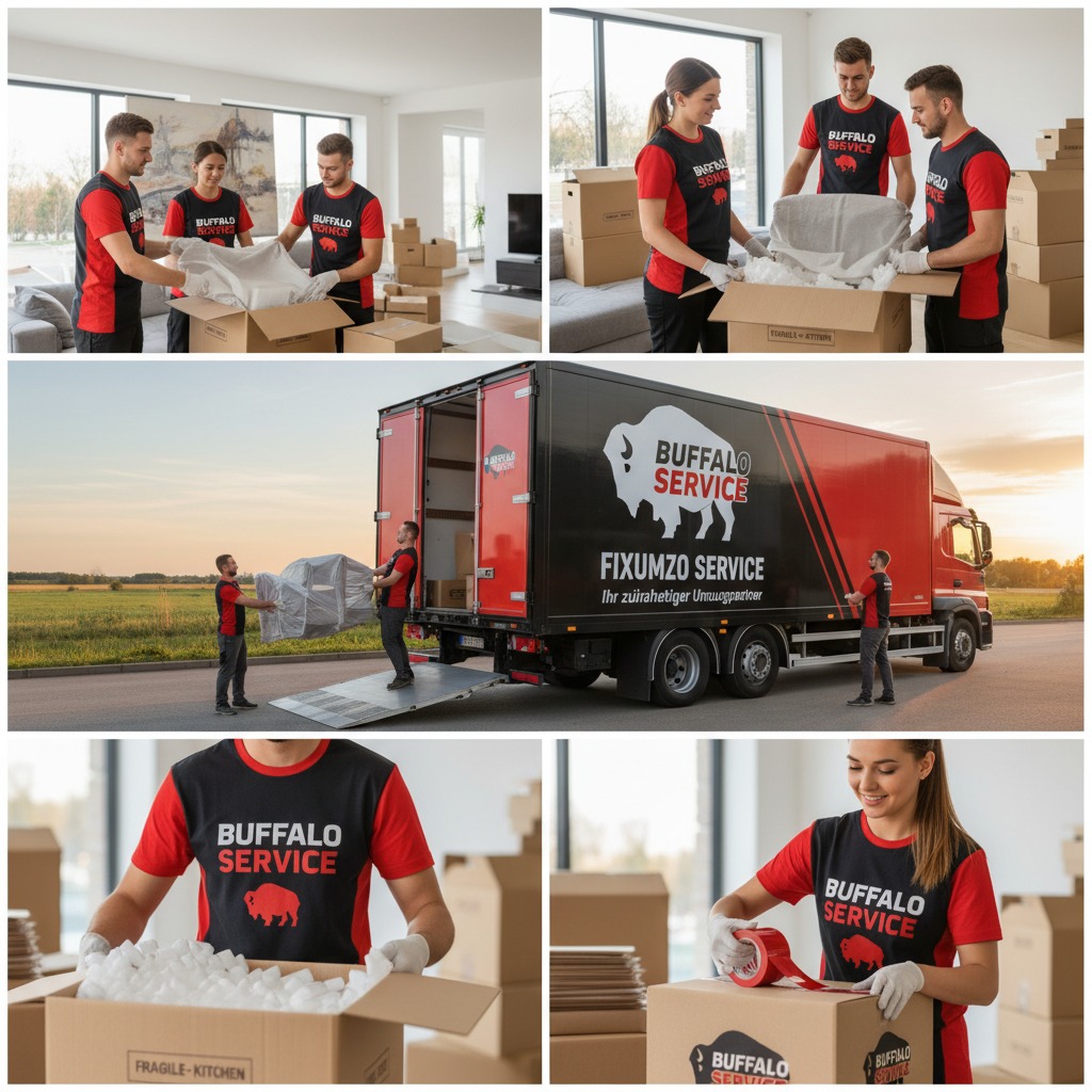 Mitarbeiter des Umzugsunternehmens Buffalo Service verpacken Gegenstände in Kartons und beladen einen LKW.